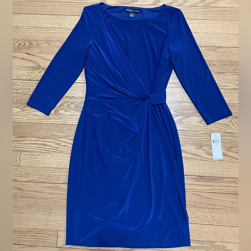 NWT - AMERICAN LIVING Royal Blue Ruffle Faux Wrap Jersey Midi Dress
